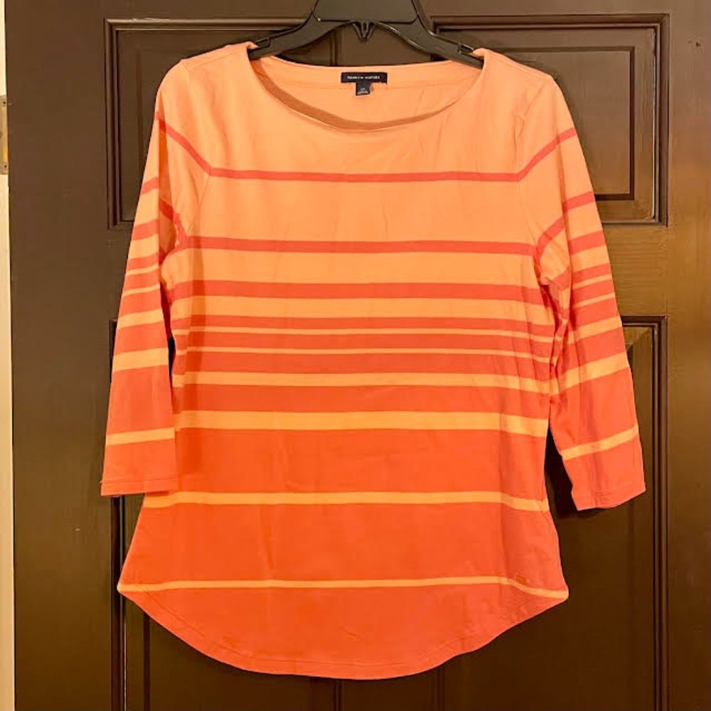 Tommy Hilfiger Pink and Orange Striped 3/4 Sleeve Shirt: Size L